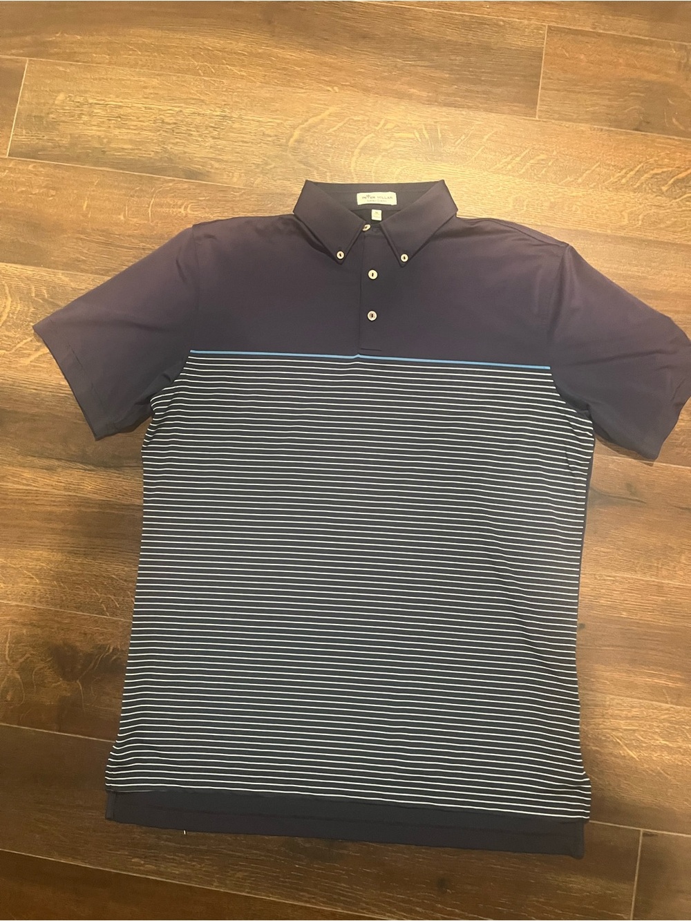 Peter Millar Navy Striped Button-Down Polo